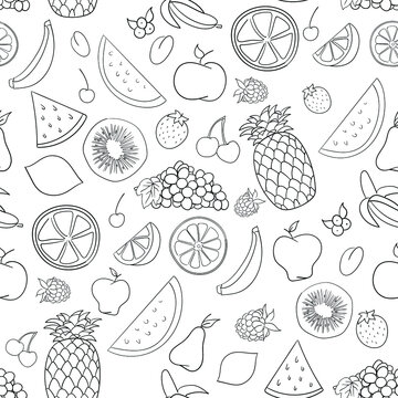 Fruit black and white doodle with grapes, apples, pineapples and lemons. Vector, seamless pattern.