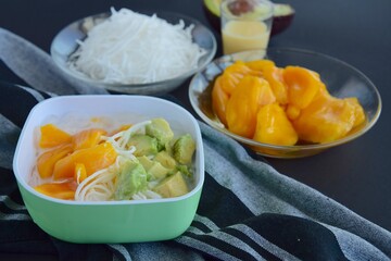 Es Teler is a fruit cocktail from Indonesia. Avocado, coconut meat and jackfruit served with coconut milk, sweetened condensed milk, syrup.