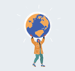Woman carrying earth globe white isolated background cartoon vector illustration