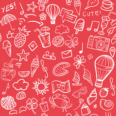 Hand drawn retro vector doodle pattern of summer and media elements. Seamless cartoonish pattern.