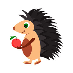 Cartoon hedgehog with an apple in his paws. Illustration for the design of greeting cards, notebooks, children t-shirts, bed linen, fabric, dishes, cups, bags, backpacks