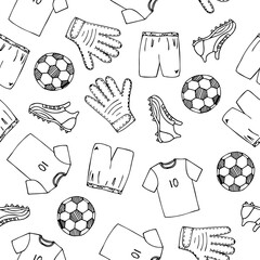 Football uniform doodle seamless pattern. Hand drawn black and white texture. Stock vector illustration.