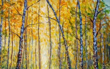 Handgemachte Malerei Birkenherbstwald mit hellem Sonnenlicht auf dem mit üppigem Laub bedeckten Boden. Moderne Grafik des schönen Herbstparks. © weris7554