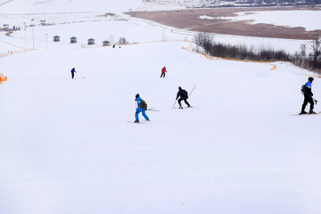 
winter landscape snow people skiing back view