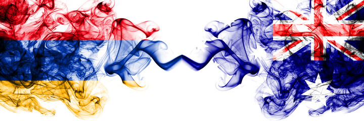 Armenia vs Australia, Australian smoky mystic flags placed side by side. Thick colored silky abstract smoke flags