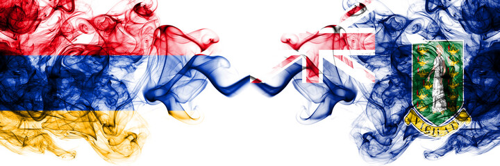 Armenia vs Britain, British Virgin Islands smoky mystic flags placed side by side. Thick colored silky abstract smoke flags