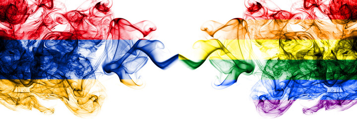 Armenia vs Gay, Pride smoky mystic flags placed side by side. Thick colored silky abstract smoke flags