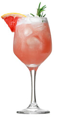 Cocktail drink in a glass with a foot. Alcoholic drink with tropical fruits of red pepper herbs and...