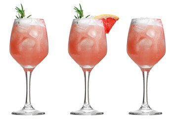 Alcoholic drink with tropical fruits and herbs and ice. Three alcoholic cocktails isolated on...