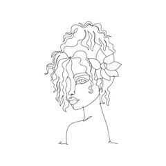 Beautiful curly girl one line drawing. Vector illustration continuous line drawing