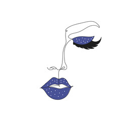 Beautiful woman face fashion with blue lips - one line drawing. Vector illustration continuous line drawing