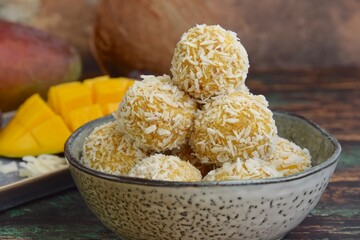 Mango coconut date cashew quinoa energy balls