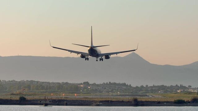 Plane landing on Corfu Island, Greece.