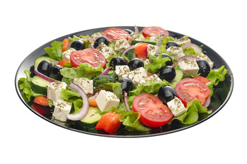 Delicious greek salad on a platter macro frame, close up