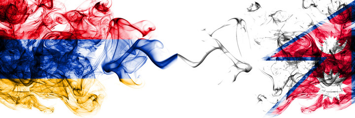 Armenia vs Nepal, Nepali, Nepalese smoky mystic flags placed side by side. Thick colored silky abstract smoke flags