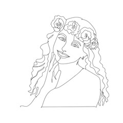 Beautiful woman with  wreath of flowers - one line drawing. Vector illustration continuous line drawing