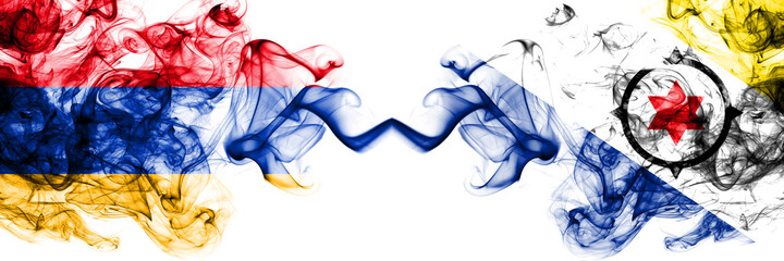 Armenia vs Netherlands, Dutch, Holland, Bonaire smoky mystic flags placed side by side. Thick colored silky abstract smoke flags