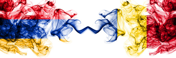 Armenia vs Romania, Romanian smoky mystic flags placed side by side. Thick colored silky abstract...
