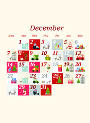 Fototapeta na wymiar holiday calendar for december. winter illustration in flat style