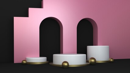 3D rendering podium black and pink elements. Abstract geometric shape blank podium. Minimal scene step floor abstract composition. Empty showcase, pedestal platform display for product