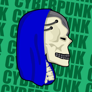 Images of a cyberpunk skull with a hood and wires. Images for various purposes, games, websites, and more.
