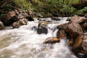 rough stony river in the mountains in the forest