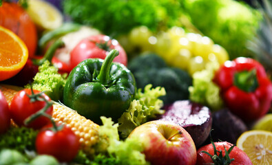 Composition with variety of fresh organic vegetables and fruits