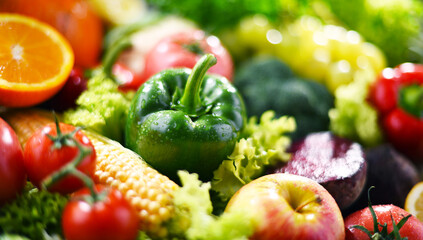 Composition with variety of fresh organic vegetables and fruits