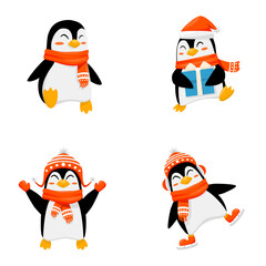 Cute christmas penguin set vector and illustrations 