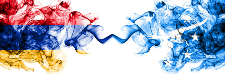 Armenia vs United States of America, America, US, USA, American, Corpus Christi, Texas smoky mystic flags placed side by side. Thick colored silky abstract smoke flags