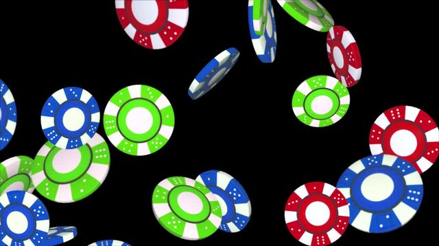 Golden casino chips fall from top on black background 4K 3D Alpha Green Screen loop Animation. poker game, gamble, business and casino or gambling concept. Jackpot, Betting, Playing, Card Game,