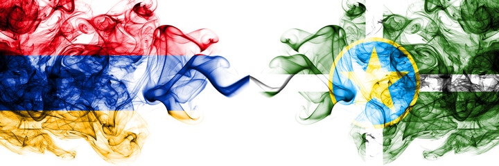 Armenia vs United States of America, America, US, USA, American, Jackson, Mississippi smoky mystic flags placed side by side. Thick colored silky abstract smoke flags