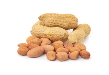 Composition from dried peanuts in closeup isolated on white background with clipping path.