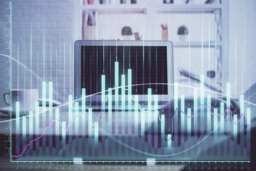 Forex market chart hologram and personal computer background. Multi exposure. Concept of investment.