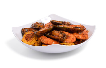 Spicy Shrimp and mixed seafood Thai Style isolated on white background with clipping path,  Koong Tung.
