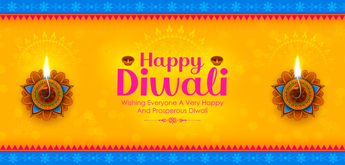 illustration of burning diya on Happy Diwali Holiday background for light festival of India - 386141491