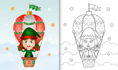 coloring book with a cute girl elf christmas characters on hot air balloon with a sack of gifts