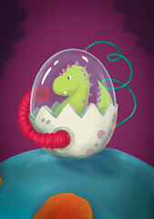 Baby dinosaur in egg illustration. Cute digitally painted dinosaur in space. For birthday invitations, greeting cards, wall art and nursery designs.