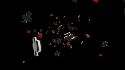 Shimmering abstract pattern of the symbols of the playing cards spade, heart, club, diamond suit. Royal flush chips piles on green screen black background. dollars, coins. Casino, poker Gambling.