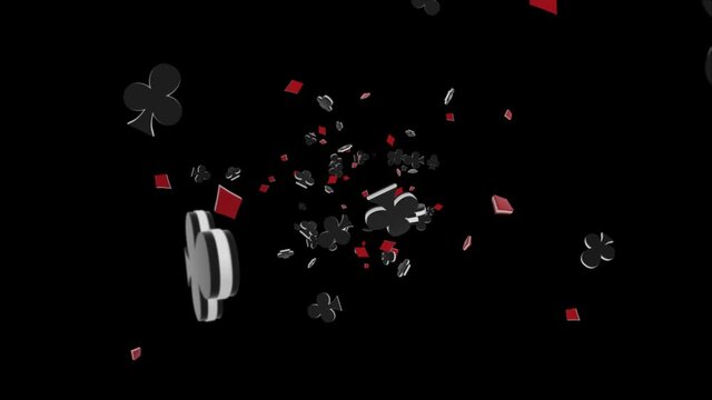 Shimmering abstract pattern of the symbols of the playing cards spade, heart, club, diamond suit. Royal flush chips piles on green screen black background. dollars, coins. Casino, poker Gambling.