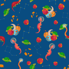 Party dinosaur in space seamless pattern cartoon for birthdays. Cute Astronaut dinosaurs designs.