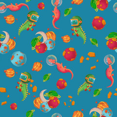 Obraz na płótnie Canvas Hand painted dinosaur in space seamless pattern for child friendly designs. For invitations, fabric and illustrations