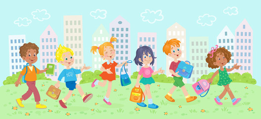 Obraz na płótnie Canvas Group of happy children in the city. Boys and girls of different nationalities pass through the park with school bags. In cartoon style. Vector illustration.