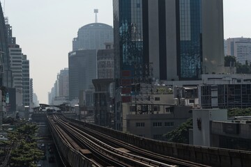 Bangkok skytrain tracks in Thailand at sunrise Asia