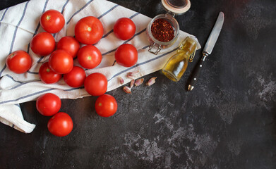 fresh tomatoes. autumn harvest. Cooking tomato sauce. Flat lay concept.