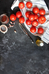 fresh tomatoes. autumn harvest. Cooking tomato sauce. Flat lay concept.