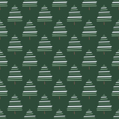 Simple green nordic seamless pattern with christmas fir-trees. Stylized winter trees on green background for wrapping paper, fabric and prints.