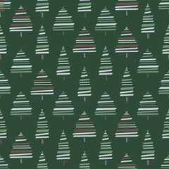 Green nordic seamless pattern with christmas fir-trees. Stylized winter trees on green background for wrapping paper, fabric and prints.