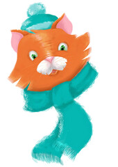 Hand-painted cartoon cat illustration. Winter cat design. Christmas cat with blue hat and scarf for greeting cards, invitations and kids parties.