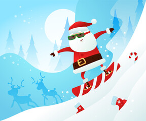 Cute Santa Claus rides from the mountain on a snowboard. Outdoor activities.